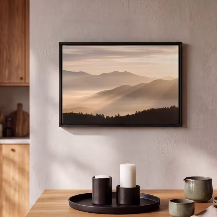 Canvas met lijst - Bergen - Mist - Zonnestralen — 2