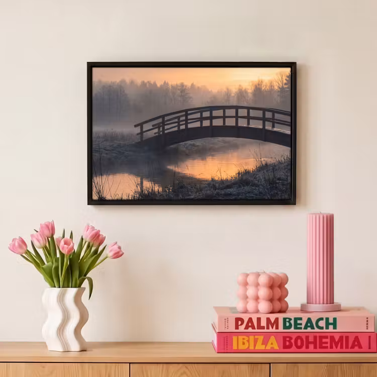 Canvas met lijst - Brug - Mist - Bomen - Water — 8