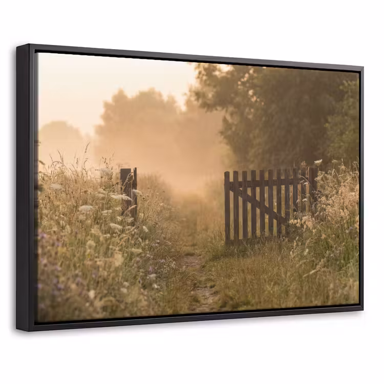 Canvas met lijst - Hek - Natuur - Mist - Veld — 1