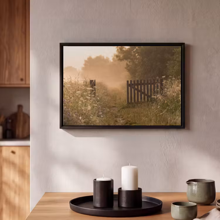 Canvas met lijst - Hek - Natuur - Mist - Veld — 2