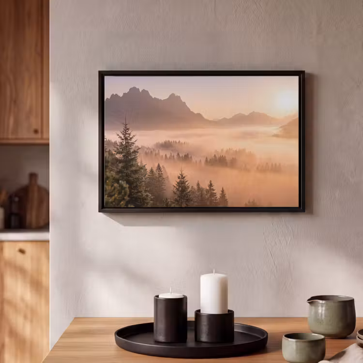 Canvas met lijst - Zonlicht - Mist - Bergen - Bomen — 2