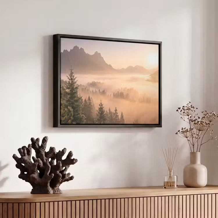 Canvas met lijst - Zonlicht - Mist - Bergen - Bomen — 6