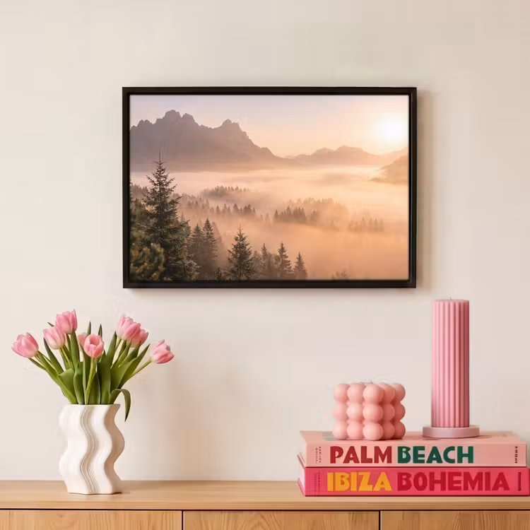 Canvas met lijst - Zonlicht - Mist - Bergen - Bomen — 8