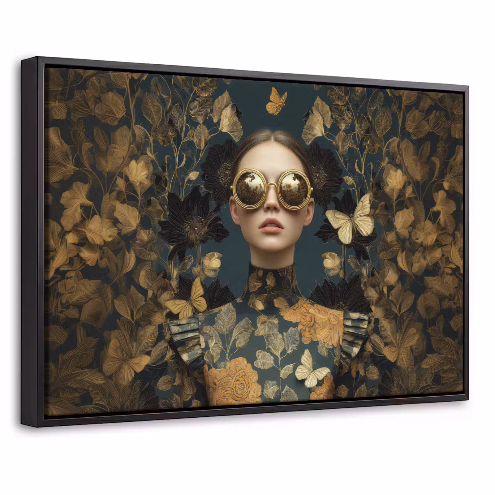 Canvas met lijst - Vrouw - Bladeren - Goud - Vlinders — 1