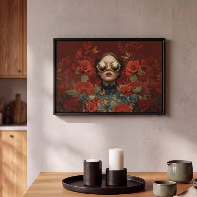 Canvas met lijst - Bloemen - Dieprood - Zonnebril - Vrouw — 2