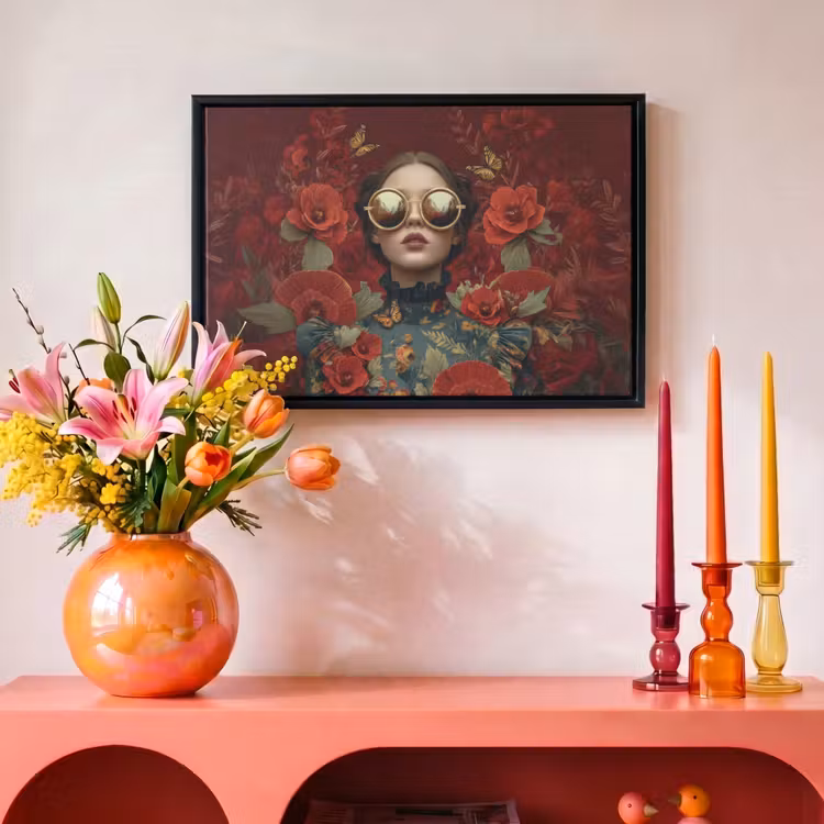 Canvas met lijst - Bloemen - Dieprood - Zonnebril - Vrouw — 4