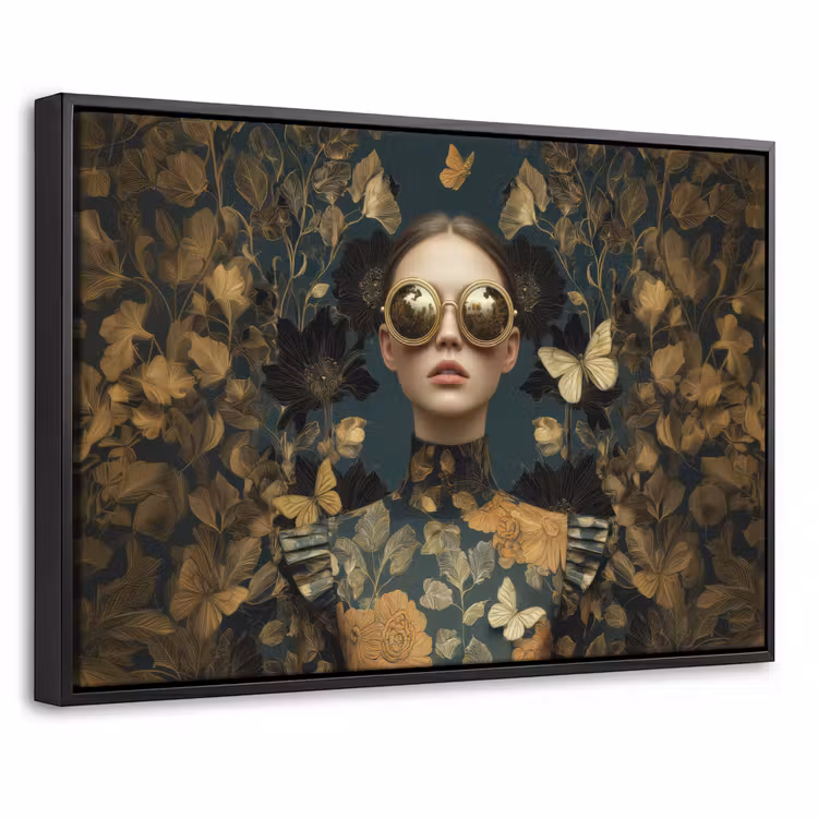 Canvas met lijst - Vrouw - Bladeren - Goud - Vlinders — 1