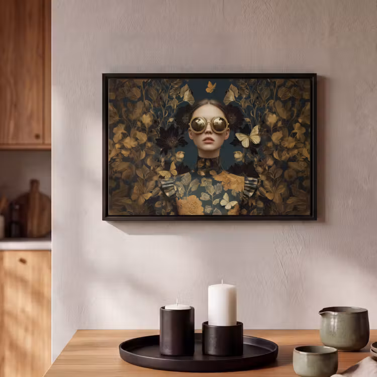 Canvas met lijst - Vrouw - Bladeren - Goud - Vlinders — 2