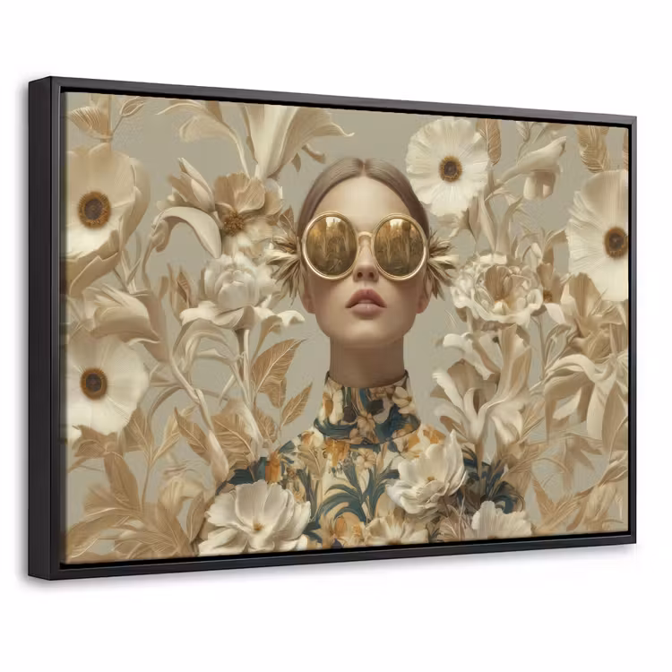 Canvas met lijst - Vrouw - Bloemen - Zonnebril - Wit — 1