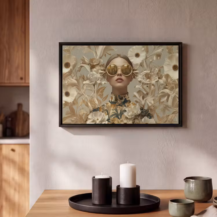 Canvas met lijst - Vrouw - Bloemen - Zonnebril - Wit — 2