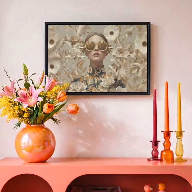 Canvas met lijst - Vrouw - Bloemen - Zonnebril - Wit — 4