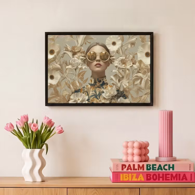 Canvas met lijst - Vrouw - Bloemen - Zonnebril - Wit — 8