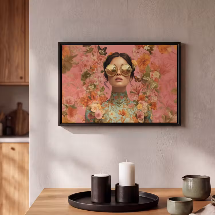 Canvas met lijst - Vrouw - Bril - Roze - Bloemen — 2