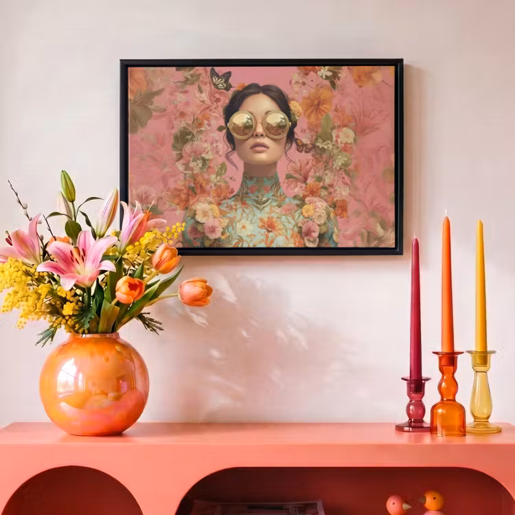 Canvas met lijst - Vrouw - Bril - Roze - Bloemen — 4