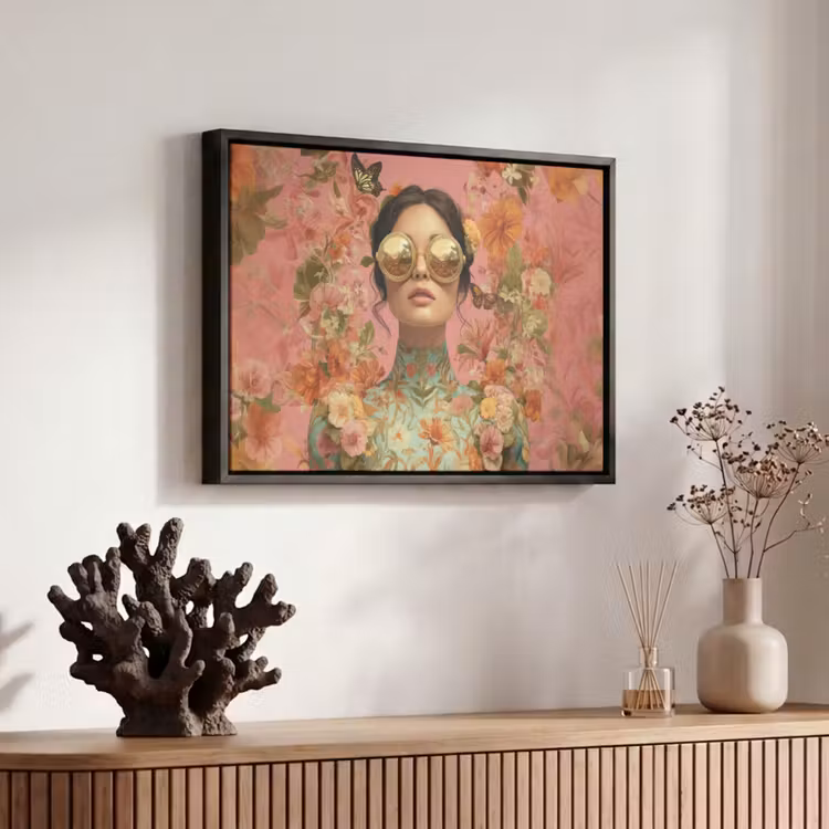 Canvas met lijst - Vrouw - Bril - Roze - Bloemen — 6