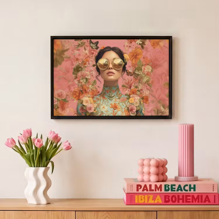 Canvas met lijst - Vrouw - Bril - Roze - Bloemen — 8