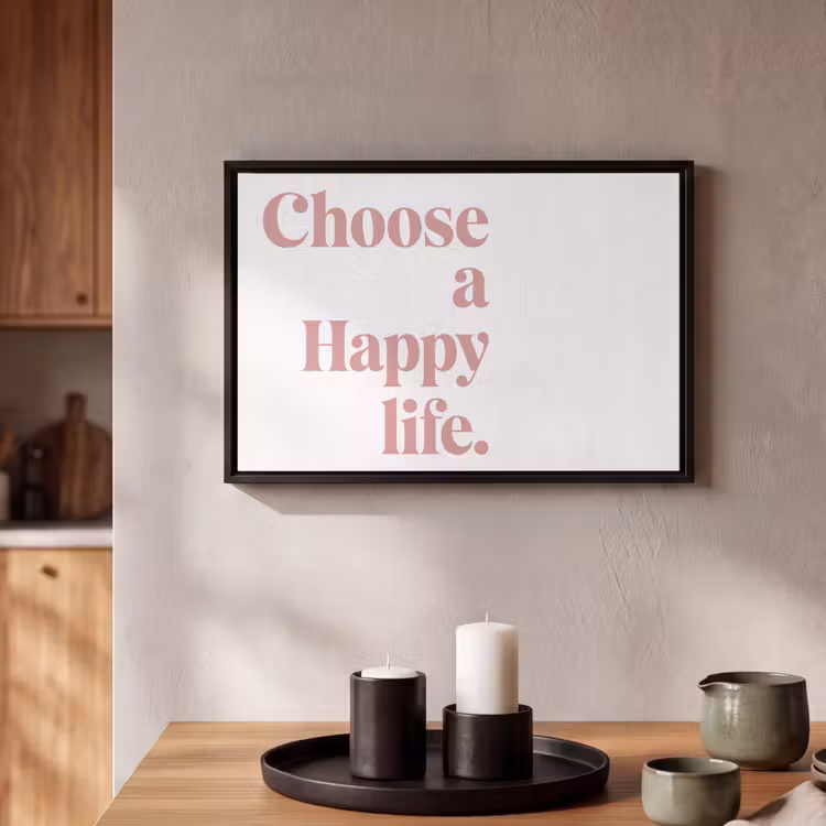 Canvas met lijst - Happy - Minimalistisch - Quote - Roze — 2