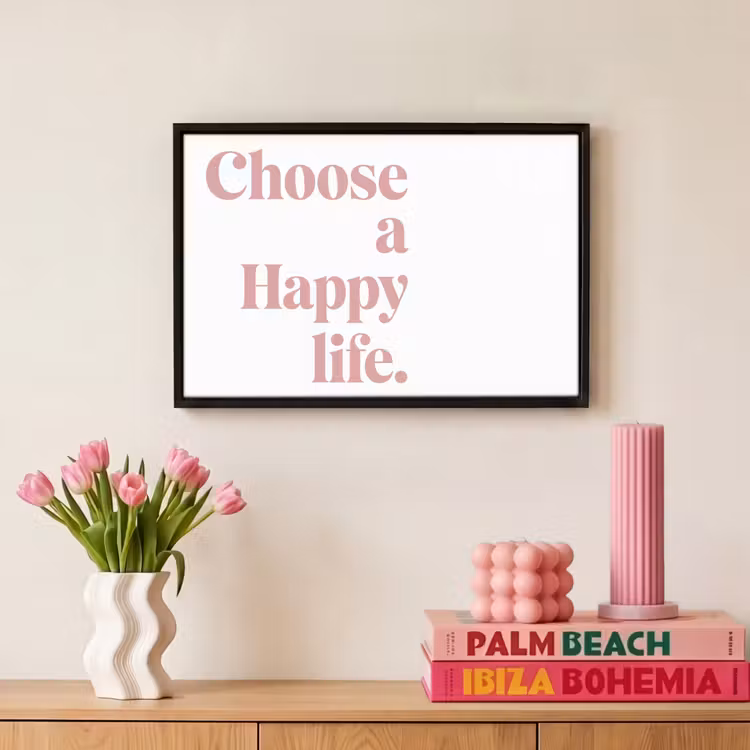 Canvas met lijst - Happy - Minimalistisch - Quote - Roze — 8