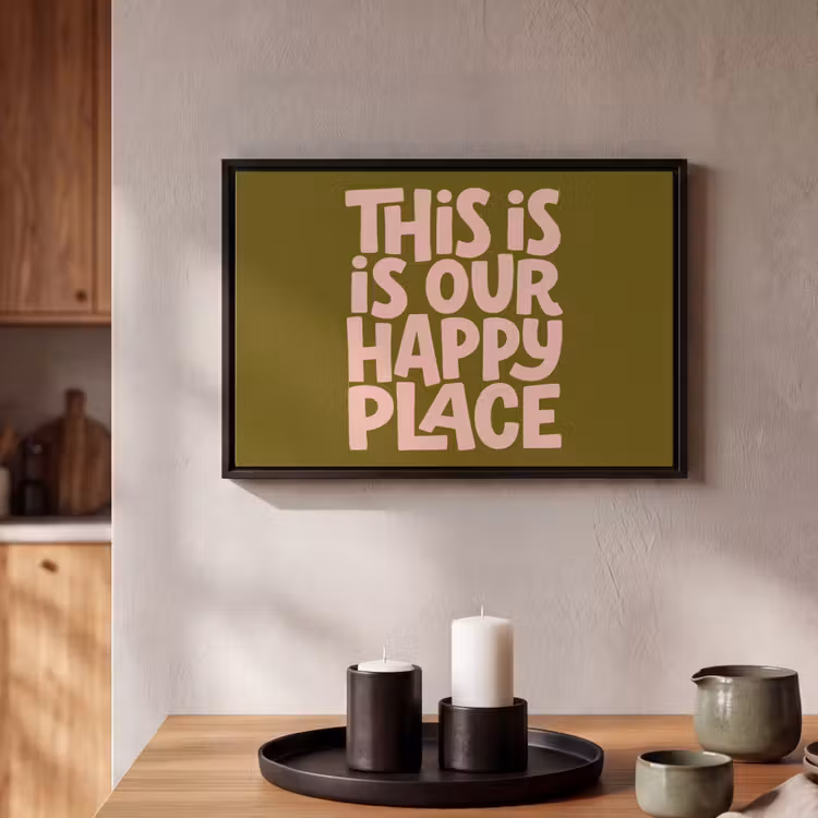 Canvas met lijst - Happy place - Quote - Olijfgroen — 2