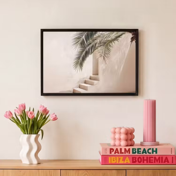Canvas met lijst - Palmboom - Schaduw - Trap - Beige — 8