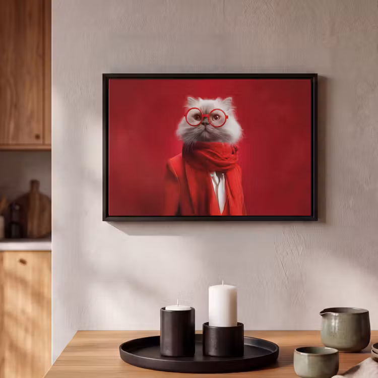 Canvas met lijst - Rood - Kat - Sjaal - Bril — 2