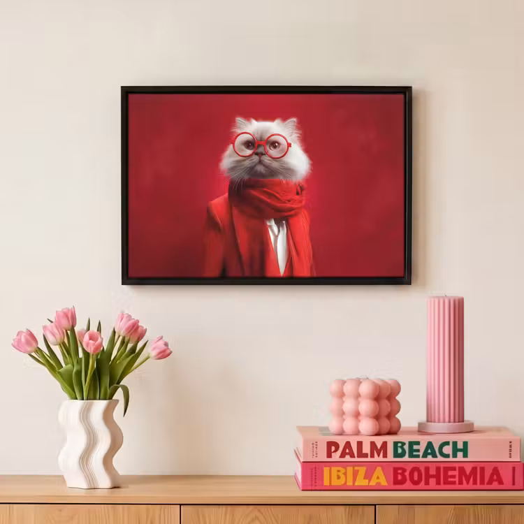 Canvas met lijst - Rood - Kat - Sjaal - Bril — 8