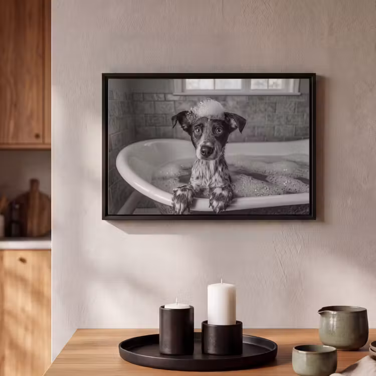 Canvas met lijst - Hondje - Gevlekt - Bad - Zwart — 2