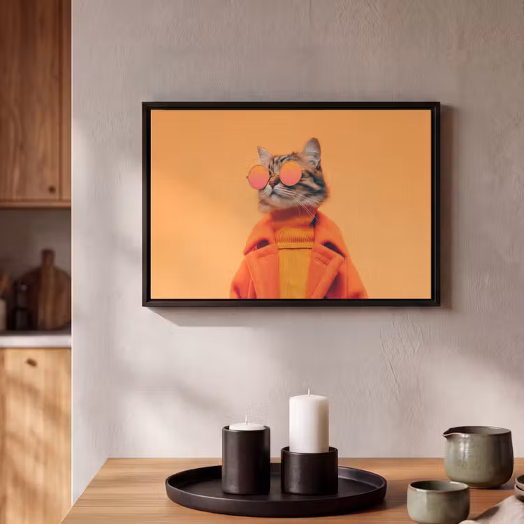 Canvas met lijst - Kat - Zonnebril - Jas - Oranje — 2