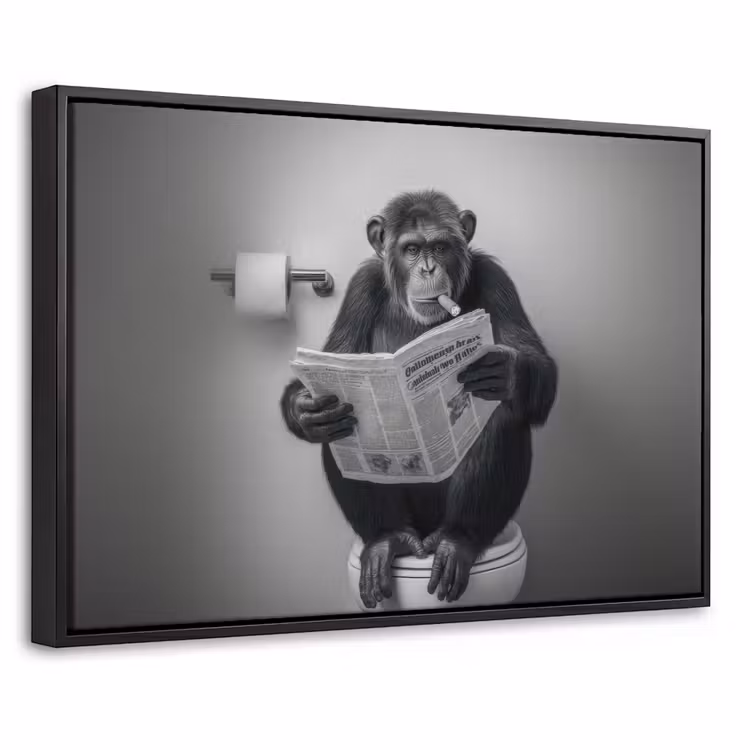 Canvas met lijst - Toilet - Chimpansee - Krant - Sigaar — 1