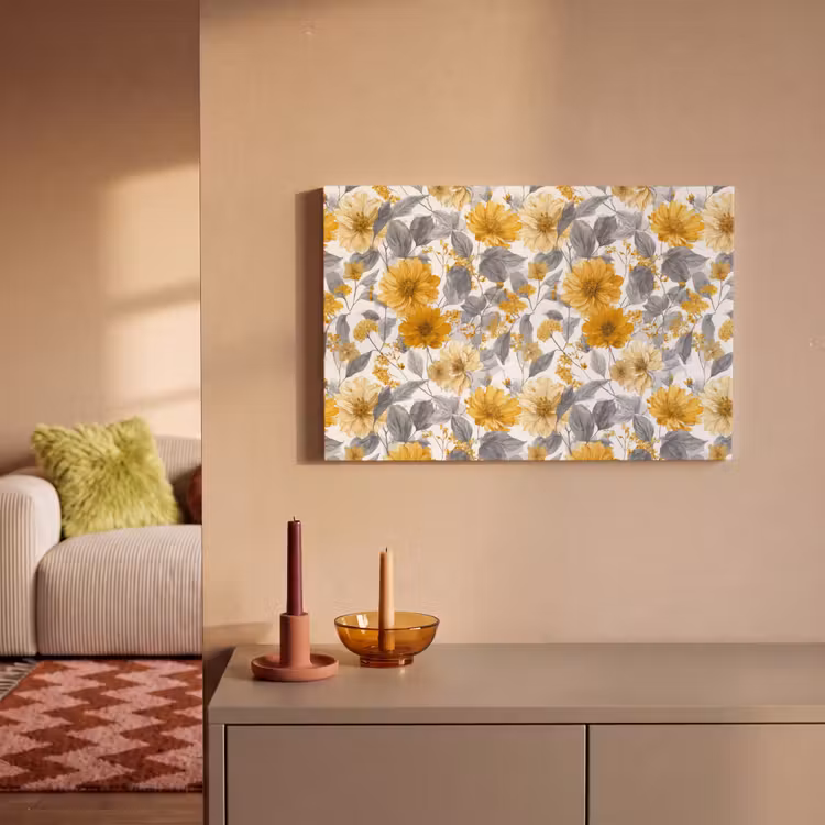 Canvas schilderij - Bloemen - Botanisch - Elegant - Okergeel - Grijs — 2