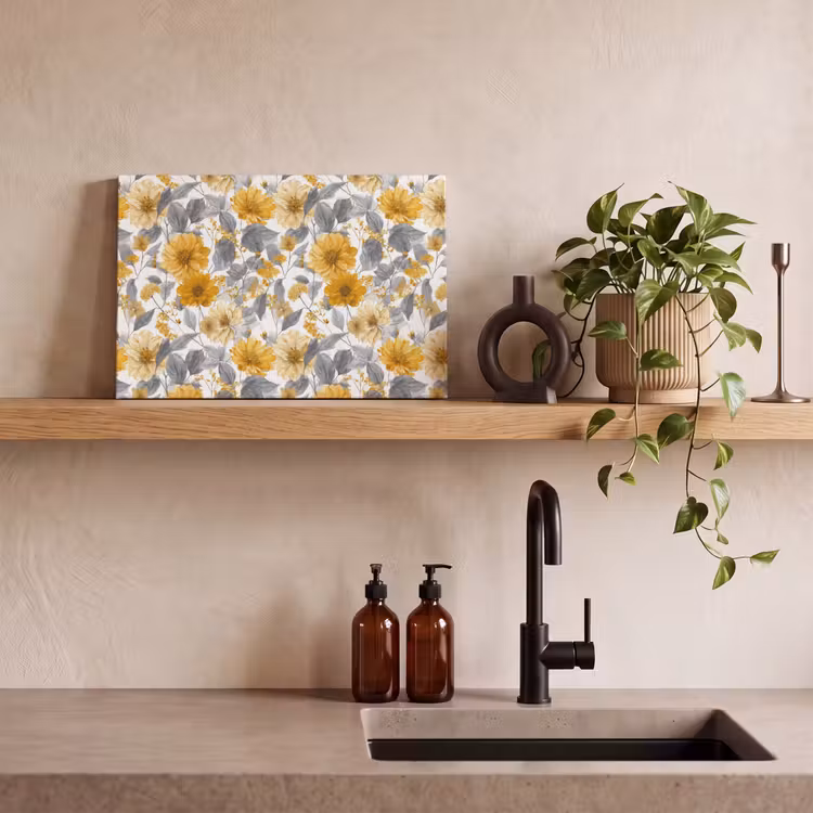 Canvas schilderij - Bloemen - Botanisch - Elegant - Okergeel - Grijs — 3