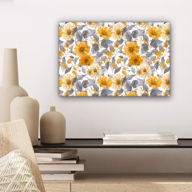 Canvas schilderij - Bloemen - Botanisch - Elegant - Okergeel - Grijs — 5