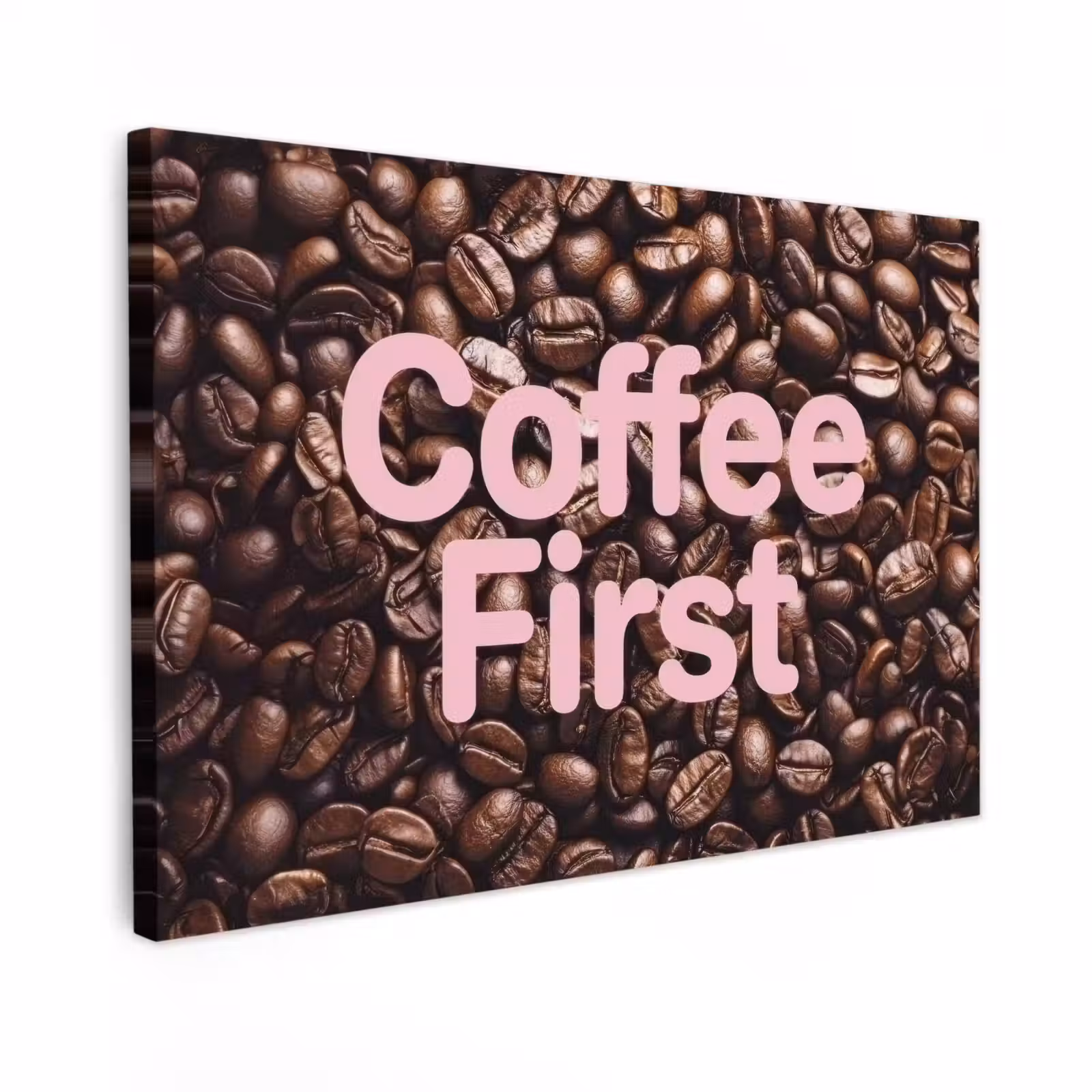 Canvas schilderij - Coffee First - Koffiebonen - Roze — 1
