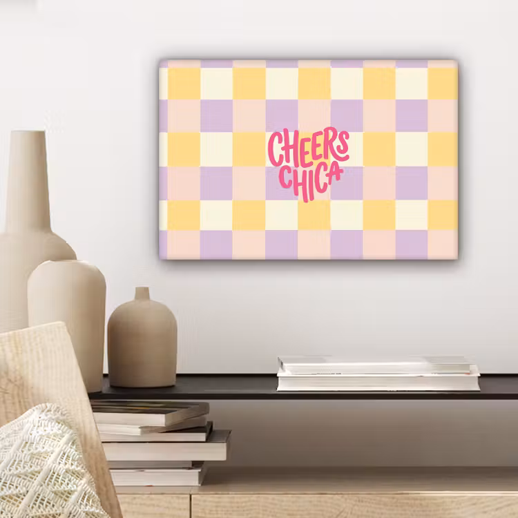 Canvas schilderij - Cheers Chica - Ruitjes - Lila - Geel — 5