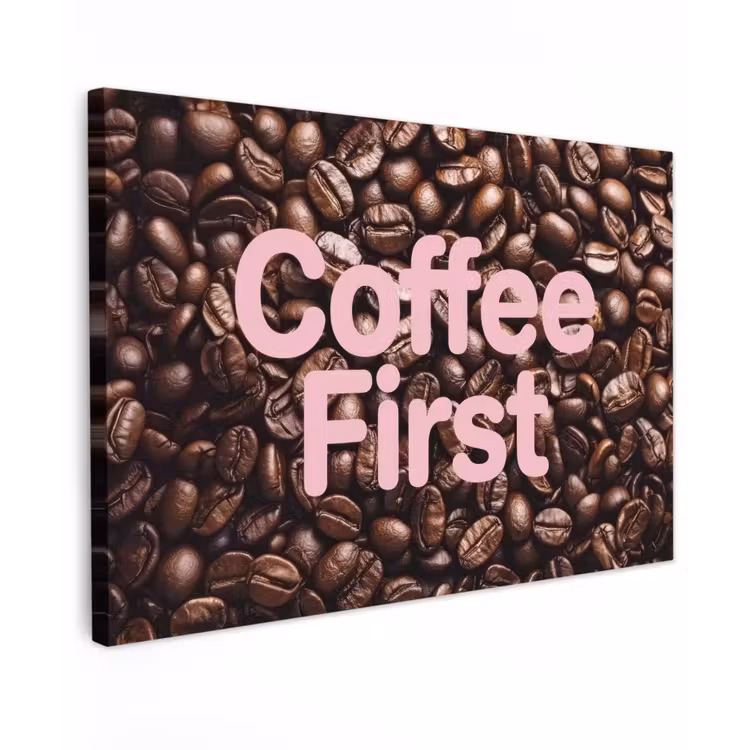 Canvas schilderij - Coffee First - Koffiebonen - Roze — 1