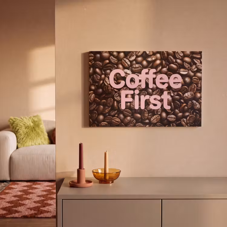 Canvas schilderij - Coffee First - Koffiebonen - Roze — 2