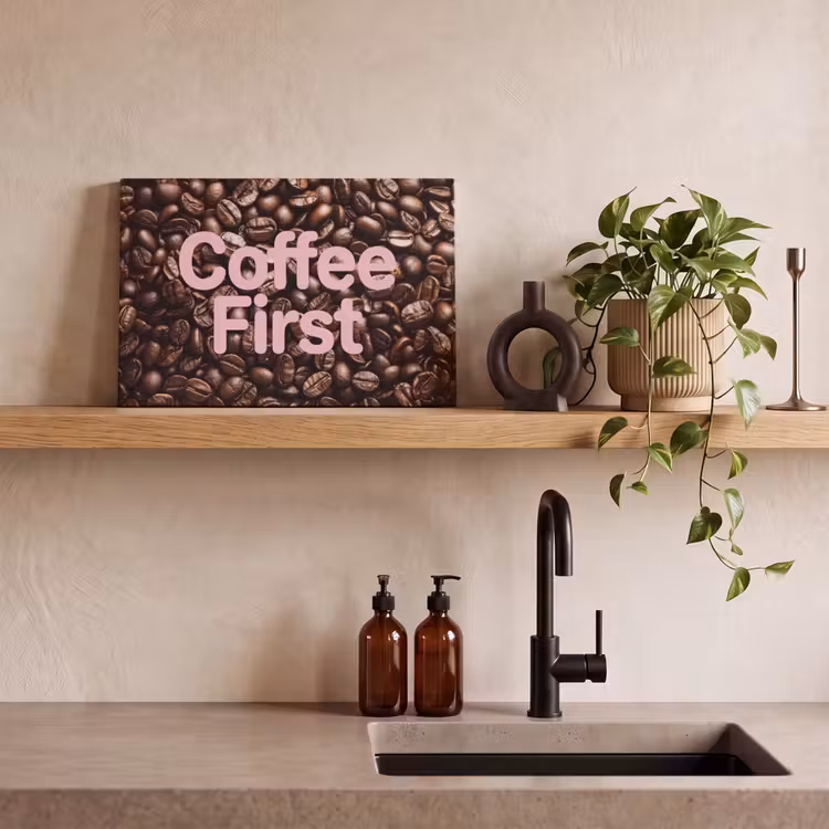 Canvas schilderij - Coffee First - Koffiebonen - Roze — 3