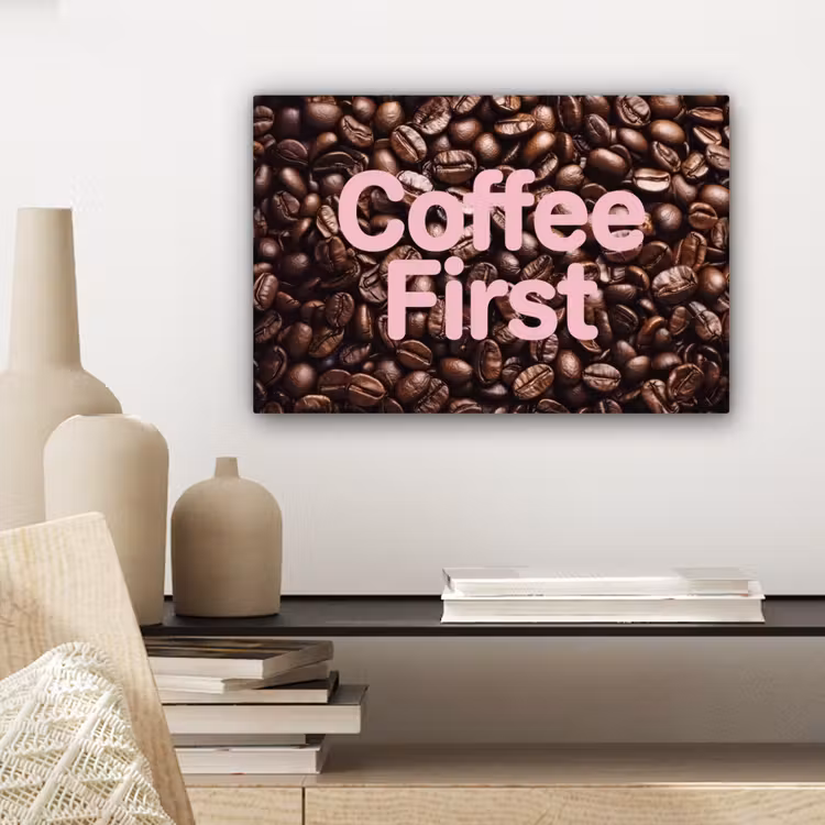 Canvas schilderij - Coffee First - Koffiebonen - Roze — 5