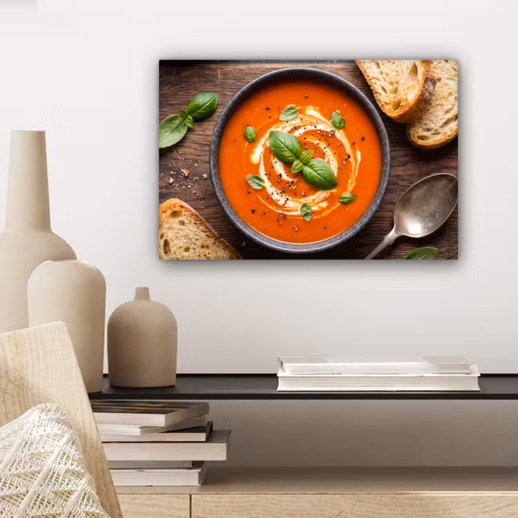 Canvas schilderij - Eten - Soep - Basilicum - Rustiek - Rood — 5