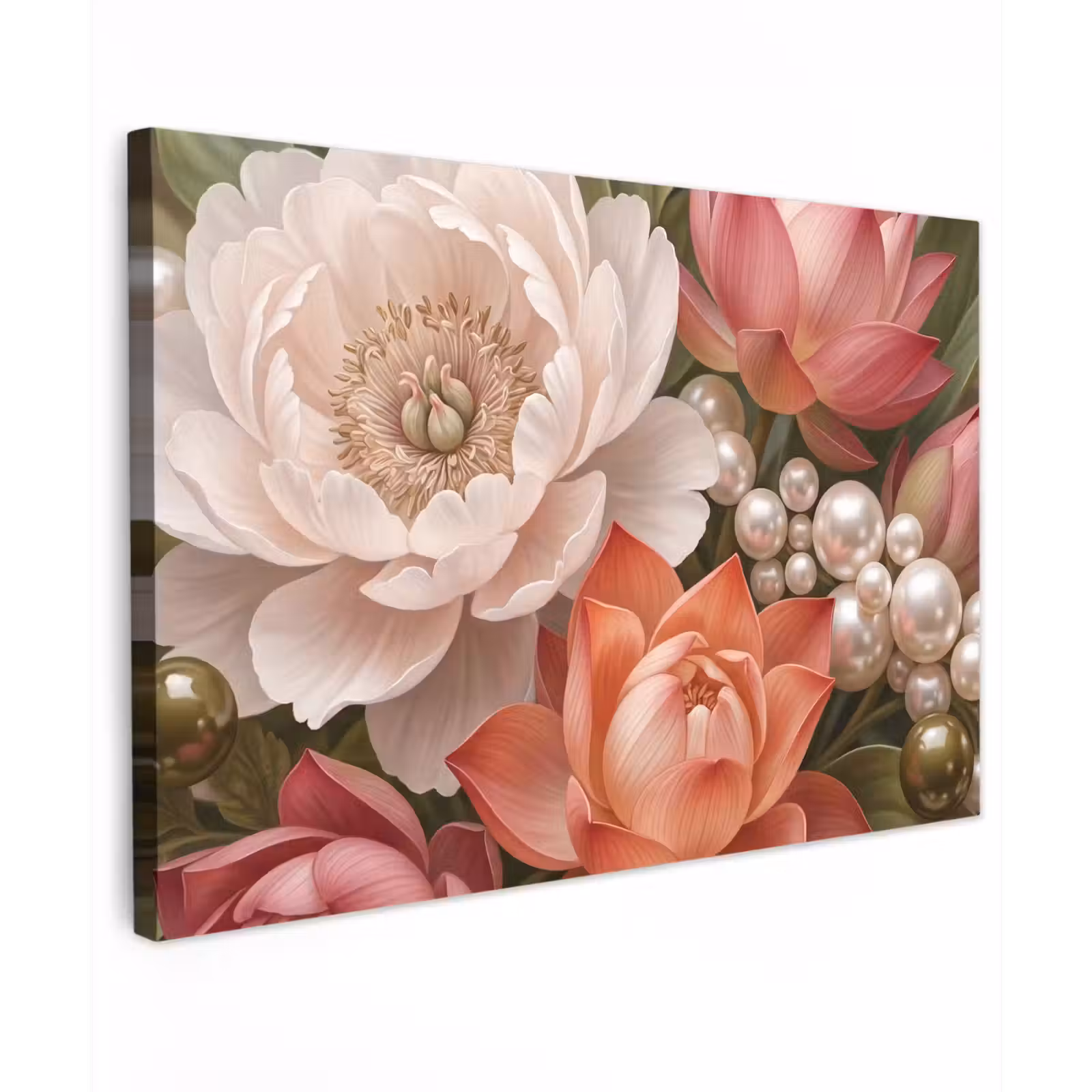 Canvas schilderij - Bloemen - Parels - Elegant - Roze - Wit — 1