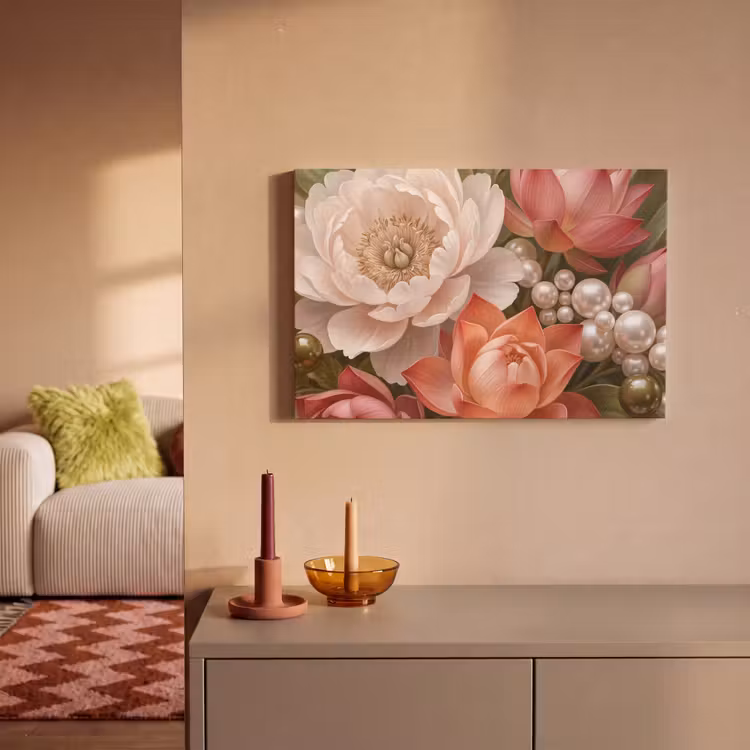 Canvas schilderij - Bloemen - Parels - Elegant - Roze - Wit — 2
