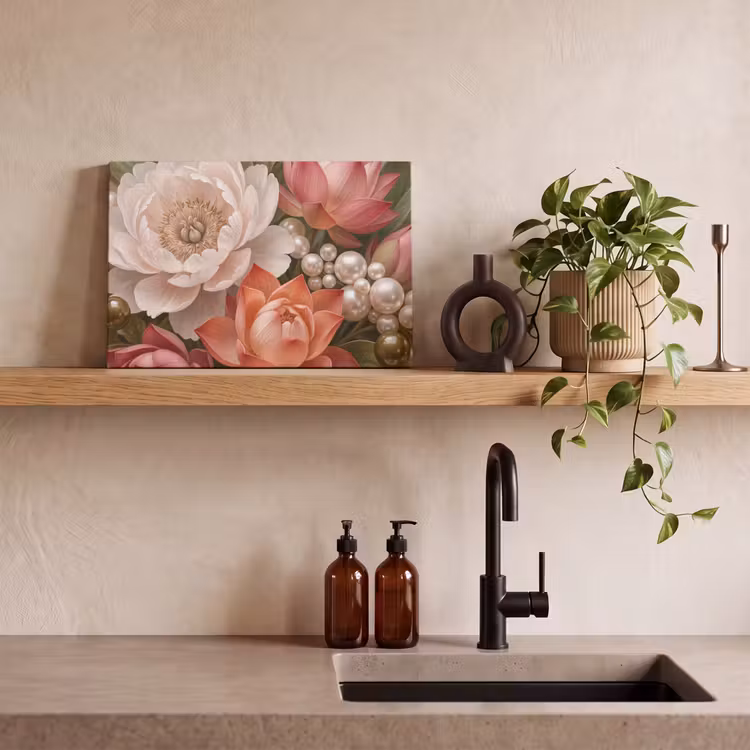 Canvas schilderij - Bloemen - Parels - Elegant - Roze - Wit — 3