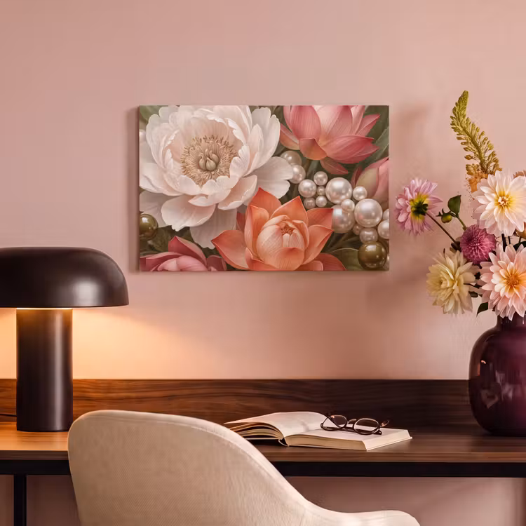 Canvas schilderij - Bloemen - Parels - Elegant - Roze - Wit — 4