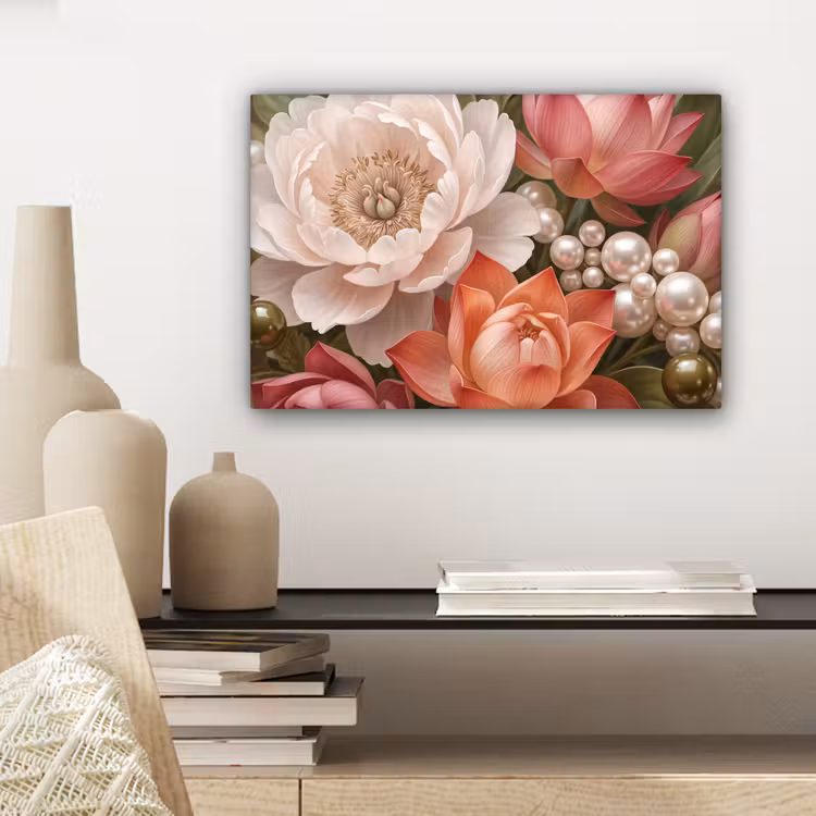 Canvas schilderij - Bloemen - Parels - Elegant - Roze - Wit — 5