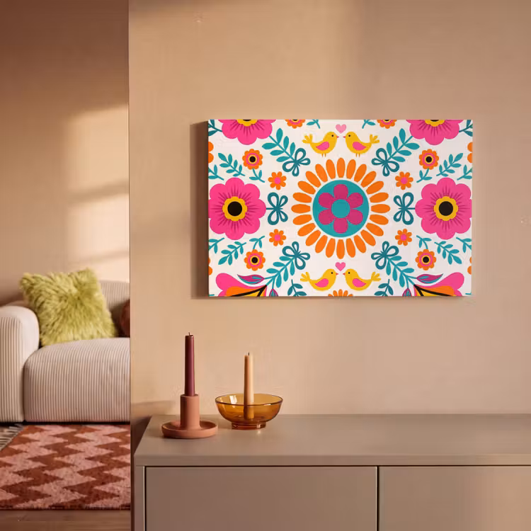 Canvas schilderij - Bloemen - Vogel - Patroon - Kleurrijk - Modern — 2