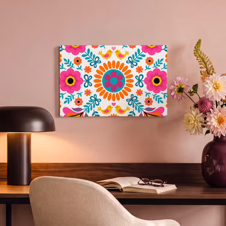 Canvas schilderij - Bloemen - Vogel - Patroon - Kleurrijk - Modern — 4