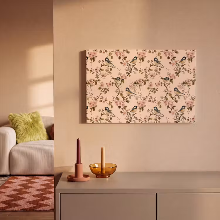 Canvas schilderij - Bloesem - Koolmees - Roze — 2