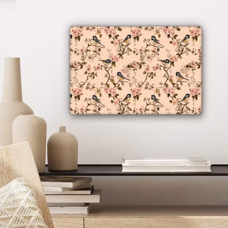 Canvas schilderij - Bloesem - Koolmees - Roze — 5