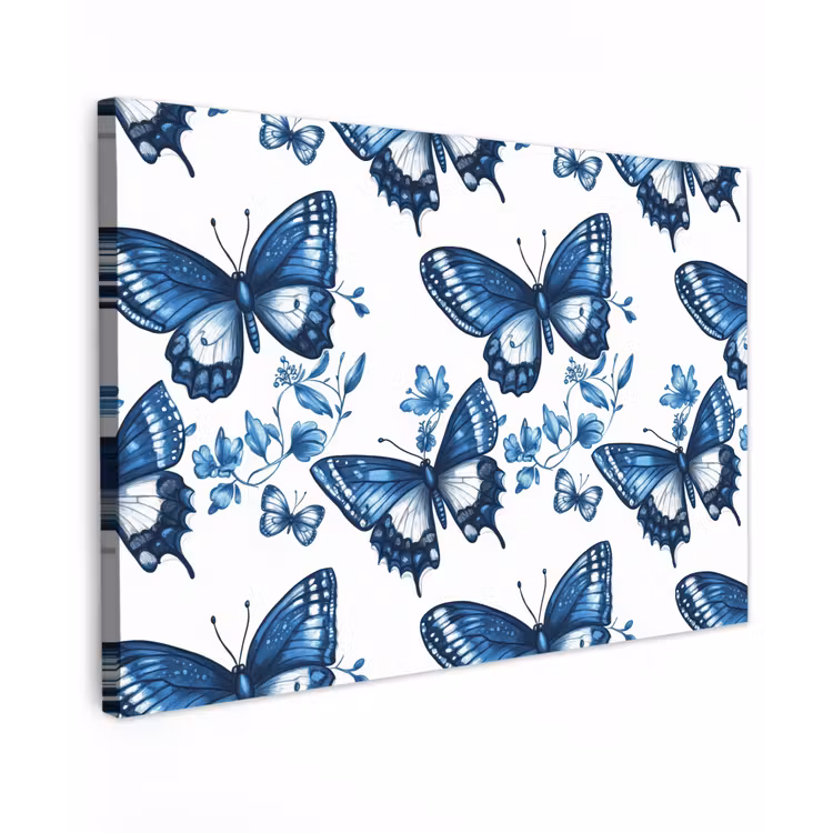 Canvas schilderij - Blauw - Vlinders - Bloemen - Wit — 1