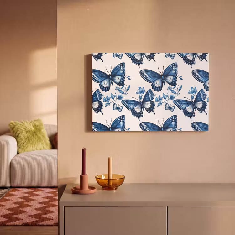 Canvas schilderij - Blauw - Vlinders - Bloemen - Wit — 2